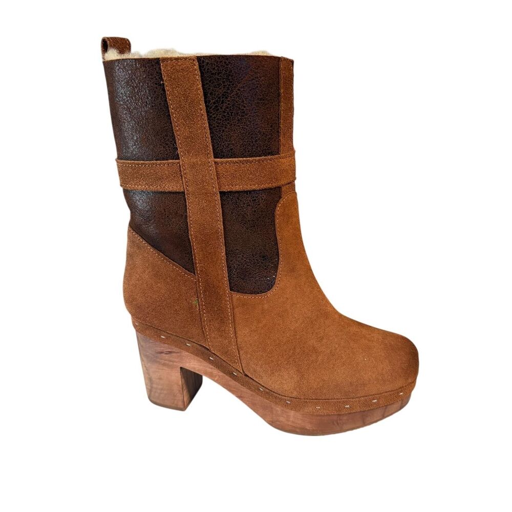 Five Worlds‎ Boots Womens Size 7 Brown Suede Shearling Mid Calf Wooden Heel